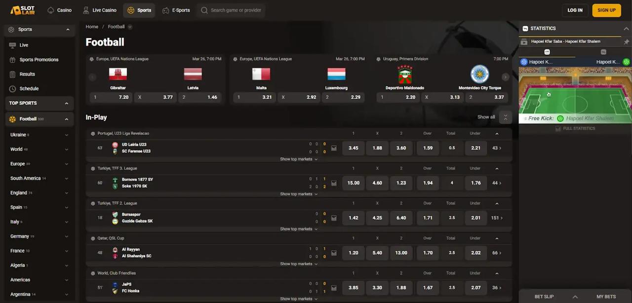 SlotLair calcio — 310 eventi con quote UEFA Nations League e campionati mondiali