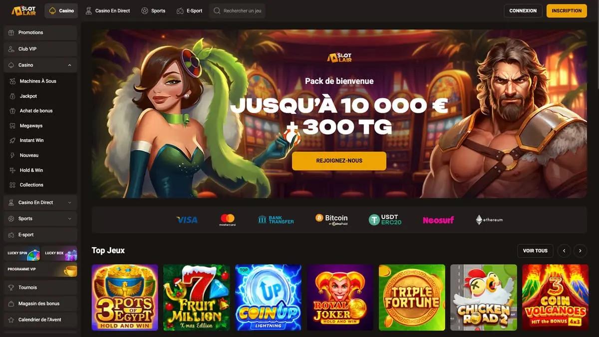 SlotLair homepage — pack di benvenuto fino a €10.000 e top giochi casino