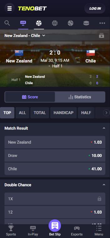 Tenobet live betting — Nuova Zelanda vs Cile con quote in tempo reale